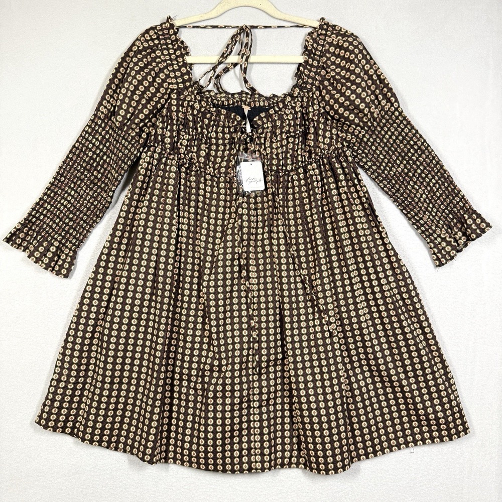 Free People Dress Womens XS Star Dip Mini Dress Brown Geometric Smocked NWT